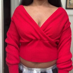 AKIRA Bold Red Off-the-Shoulder Sweater